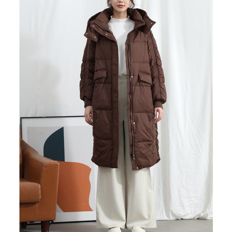 Aimoha】大きめフードのスタンドネックロングダウンジャケット[品番