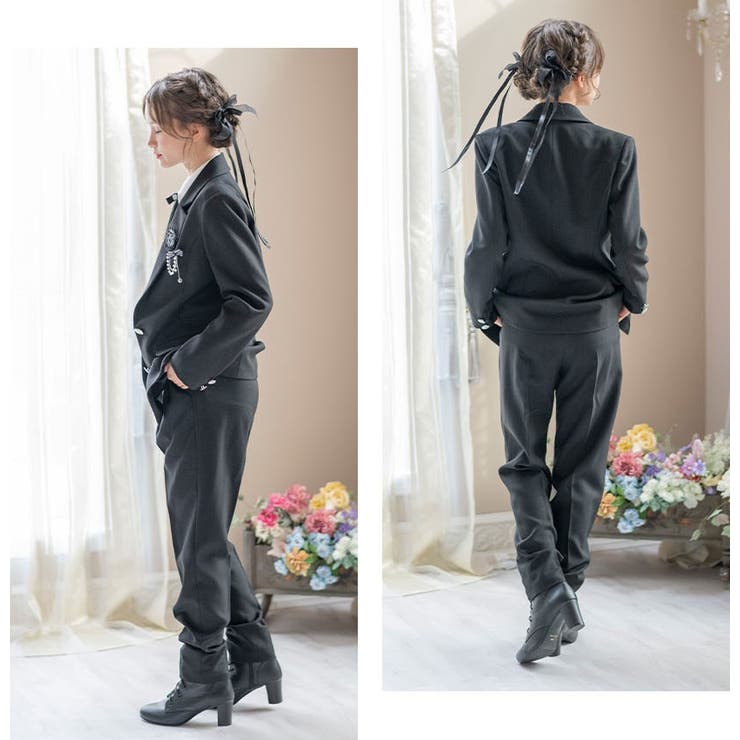 卒業式 女の子 ハンサムブラックロングパンツスーツセット[品番