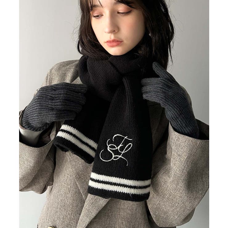 柔らか暖か。上品なロゴ刺繍入りラインニットマフラー（ストール