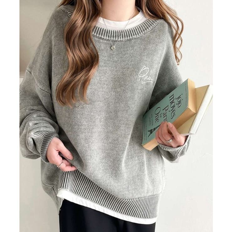 大人可愛いレトロな雰囲気。綿100％ワンポイント刺繍ピグメントニット