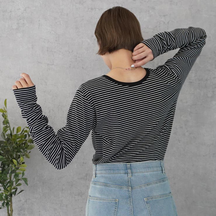 袖くしゅくしゅ2wayヘンリーネックボーダーロンT カットソー 長袖[品番