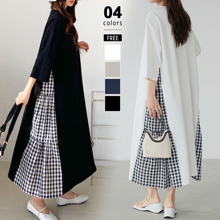 7分袖 Tシャツワンピース ギンガムチェック柄[品番：COCW0003053