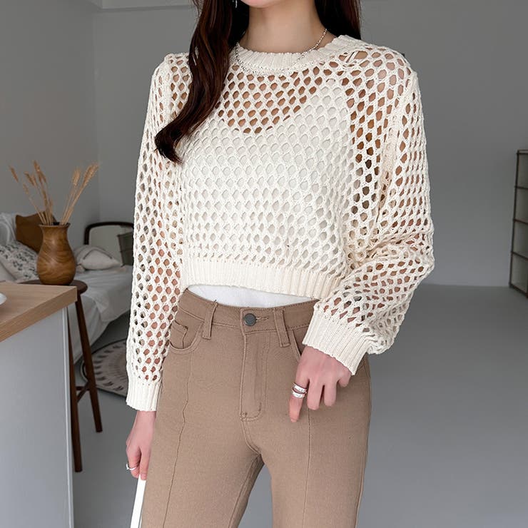 メッシュニット 透かし編みトップス ショート丈[品番：COCW0005869