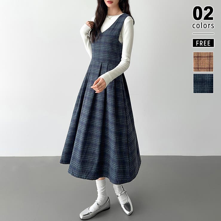 ジャンパースカート チェックワンピース ノースリーブワンピース[品番