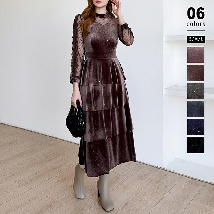 新色登場】ティアードベロアワンピース パーティードレス 結婚式[品番