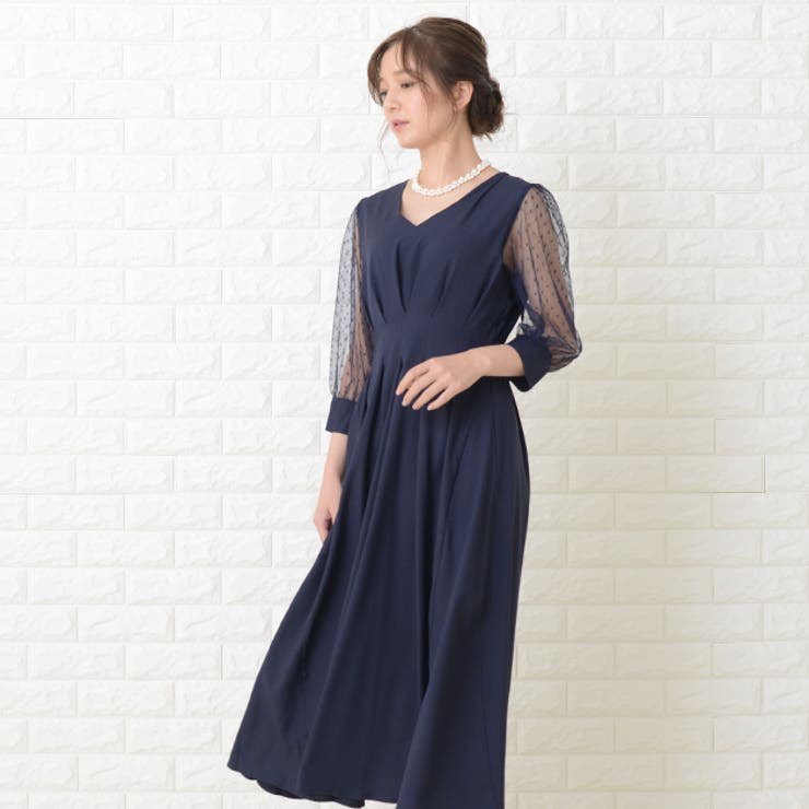 ドット柄シアー袖 ロングドレス ブラック[品番：LCLW0001371]｜レース