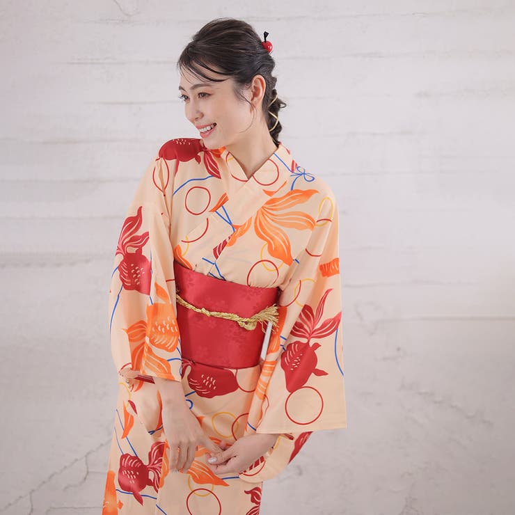 レトロ柄がキュート。浴衣セット 金魚柄 オレンジ色[品番：DOUW0008669