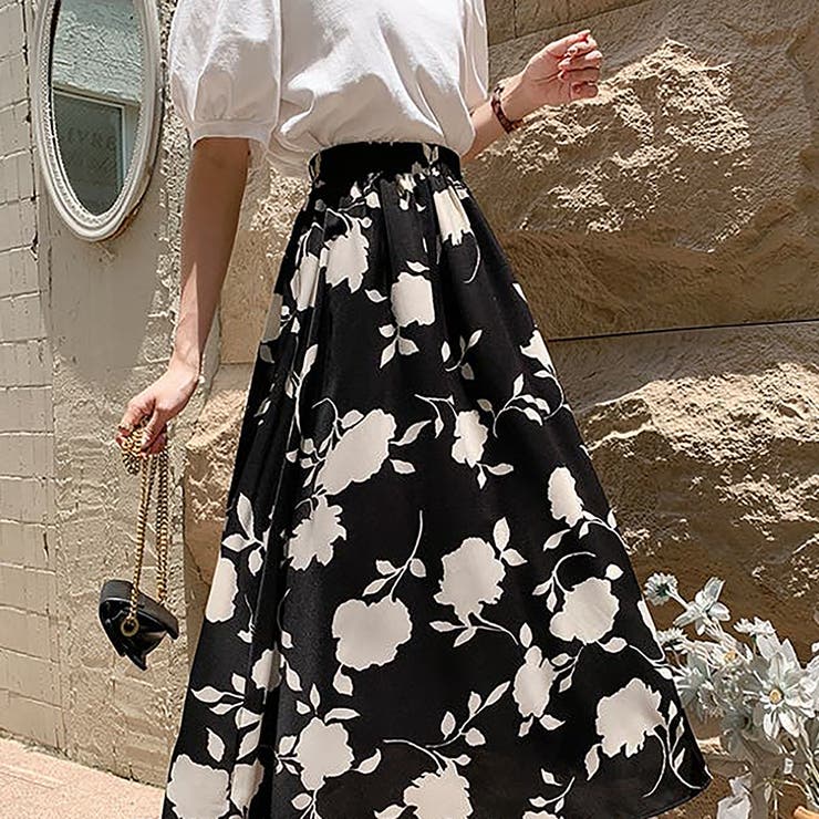 ハイウエストモノトーン花柄フレアスカート【韓国ファッション】[品番