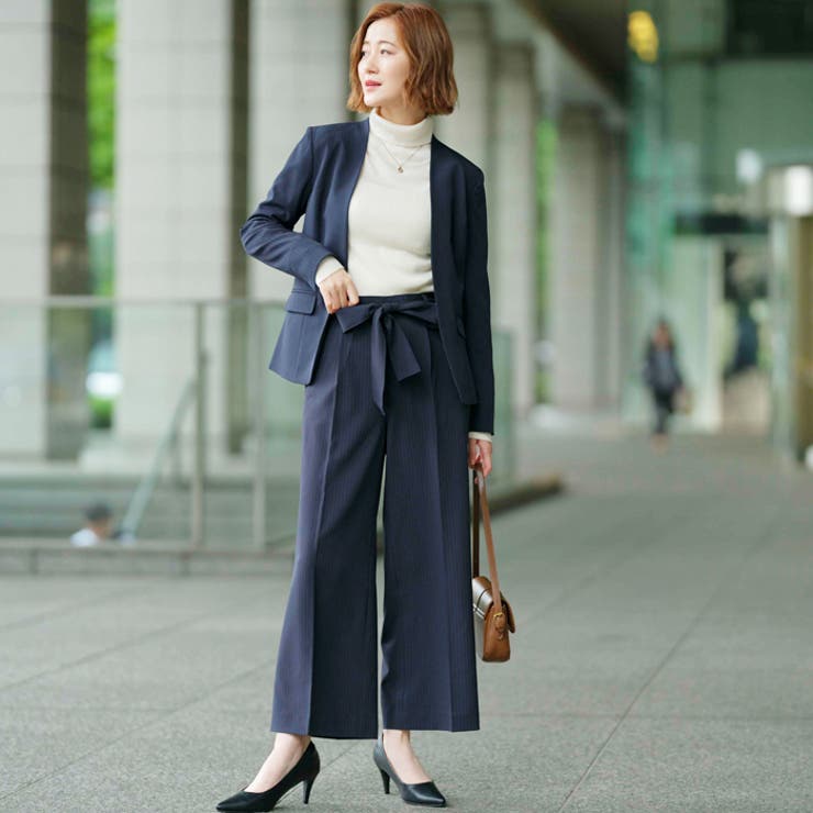 2点セット】洗えるノーカラーワイドパンツスーツセットアップ[品番