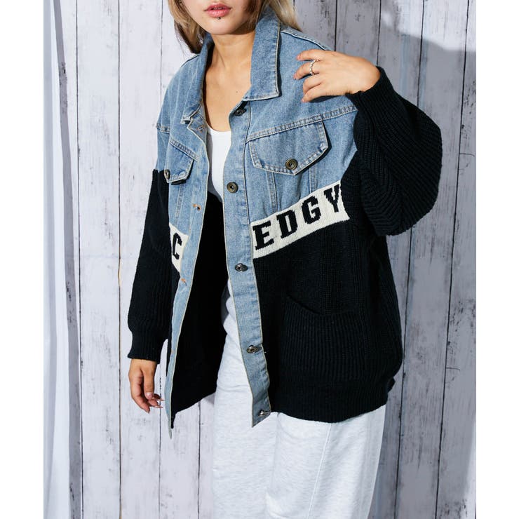 デニム×ニット切替》レディース Gジャン 配色ロゴ入り 異素材MIX