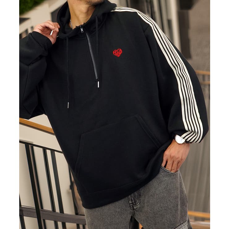 ハート刺繍】【オーバーサイズ】 ハーフジップパーカー ＃ロゴ[品番