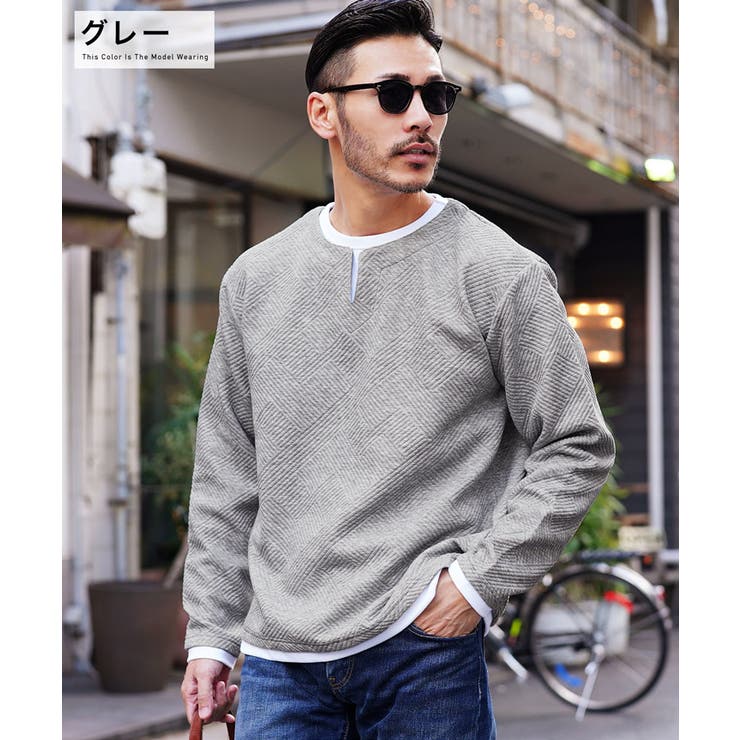 ◇ジオメトリックジャガード フェイクレイヤード キーネックロンT