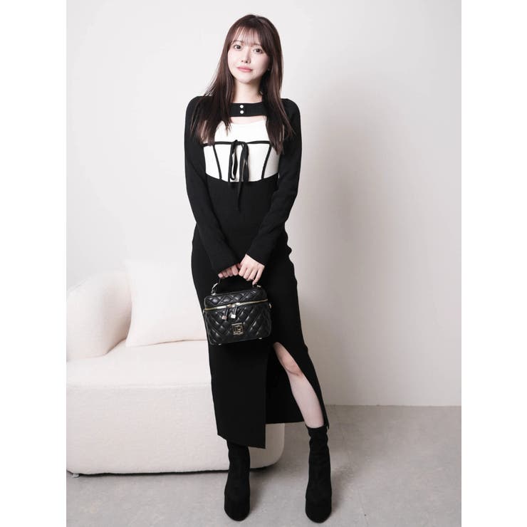 デコルテオープンバイカラーリボンニットワンピース[品番：LINW0002729