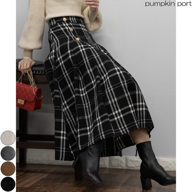 ゴールドボタン チェック柄 プリーツ ロングスカート[品番