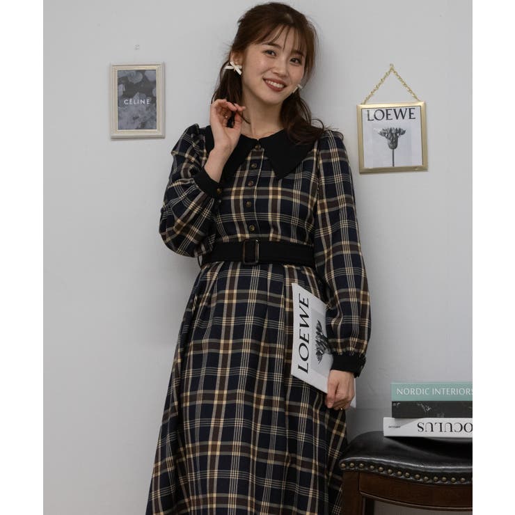 チェック柄 クレリック ベルト付 ロングワンピース[品番：PPNW0004594