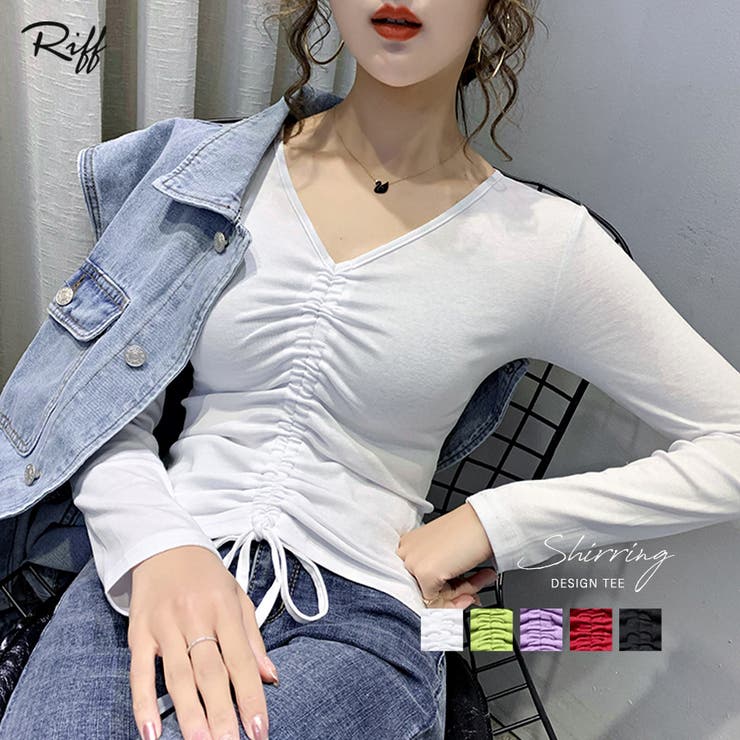 Vネックシャーリングトップス カットソー トップス[品番：NETW0000421