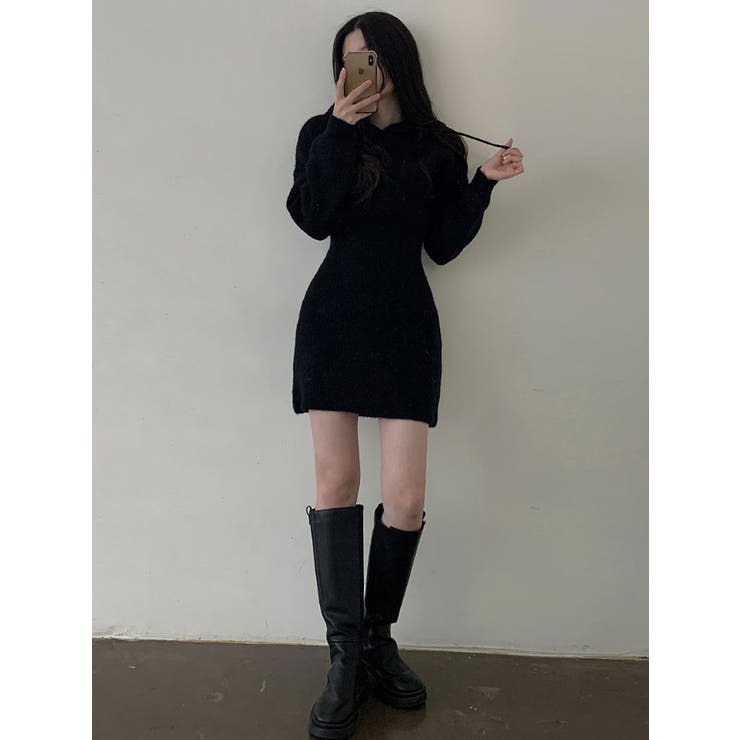 ソフトなニットミニワンピース フード付き 長袖[品番：KH000013108