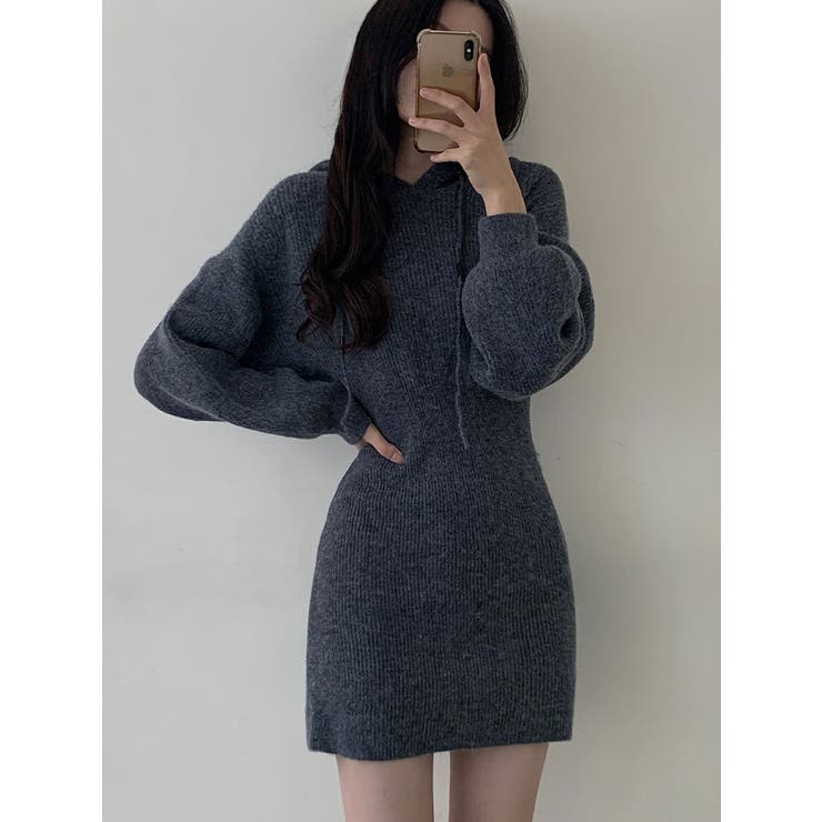 ソフトなニットミニワンピース フード付き 長袖[品番：KH000013108