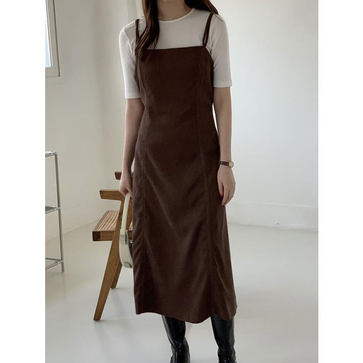 スエードステッチスクエアネックワンピース サロペット ロング