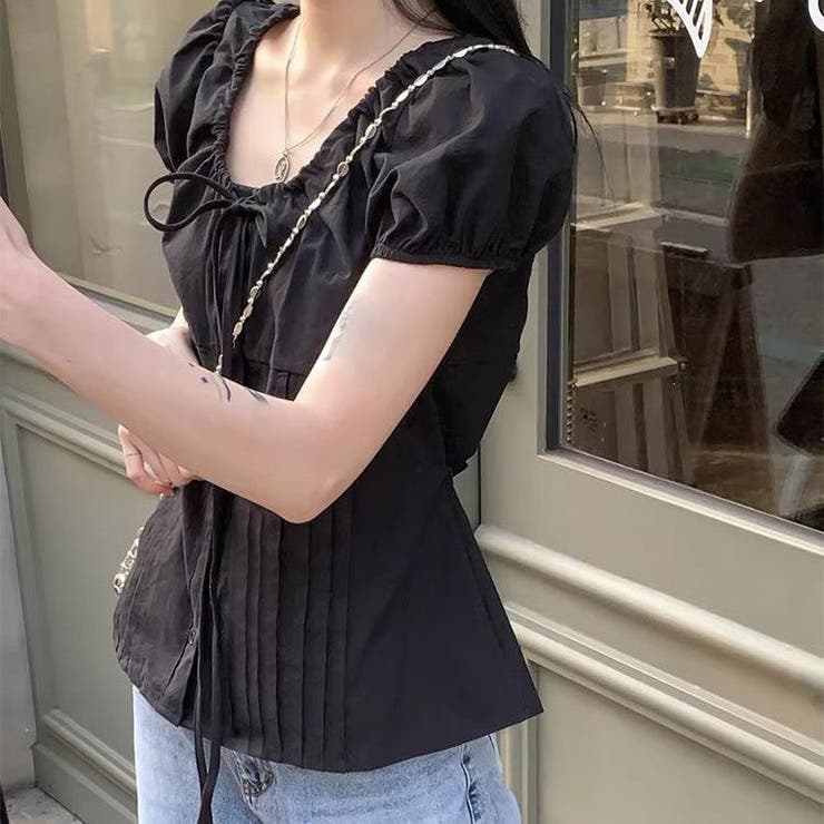 春夏新作】胸リボンピンタックパフスリーブブラウス[品番：SHNW0012376