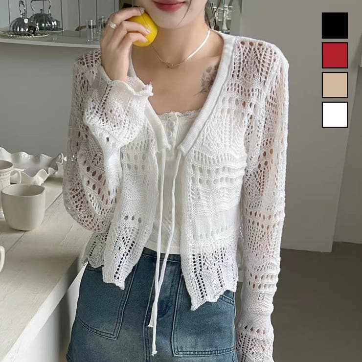 春夏新作】フロントリボンかぎ編みショートカーディガン[品番