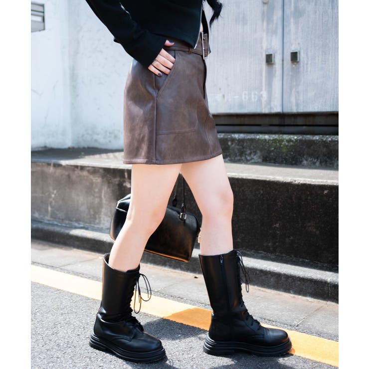 ベルト付ヴィンテージライクFレザーミニスカート[品番：WG010092192