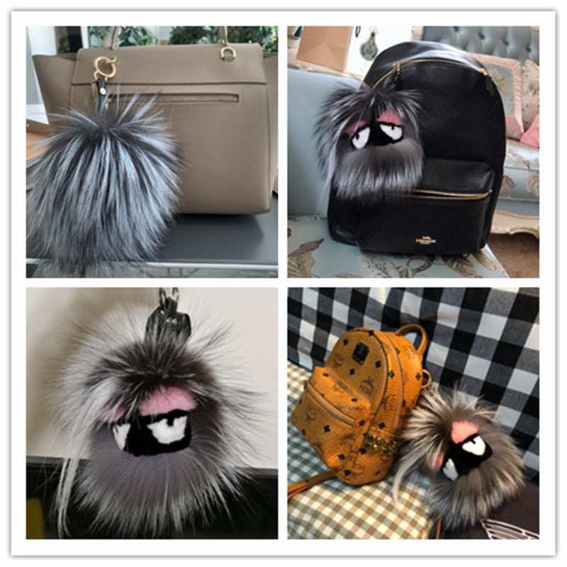 FENDI Pom-Pom Fox Mink Rabbit Fur Freak Monster Bag Bug Charm Grey