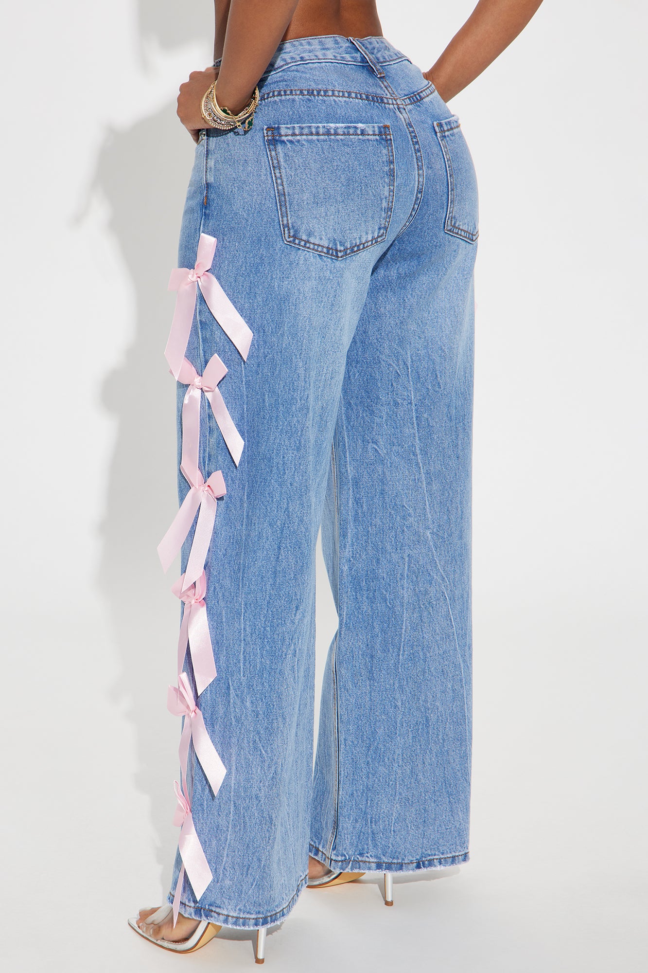 Dremi Ribbon Bow Non Stretch Wide Leg Jeans - Medium Wash
