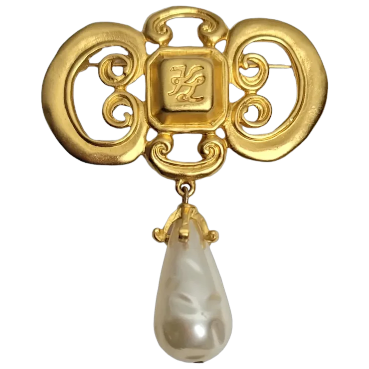 Karl Lagerfeld Vintage Gold-Tone Banner Baroque Pearl Drop Brooch