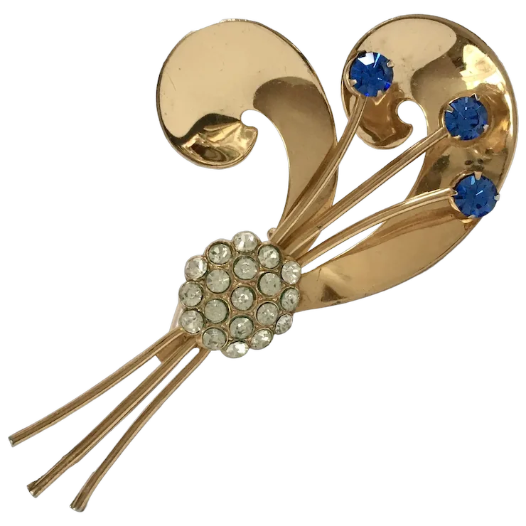 Coro Pegasus Gold Plated Swirl Spray Brooch With Rhinestones. For