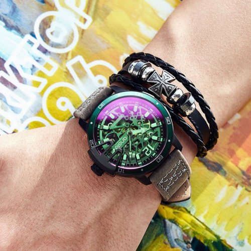 送料無料】台湾 スケルトングリーンサークル シルバーグレーレザー