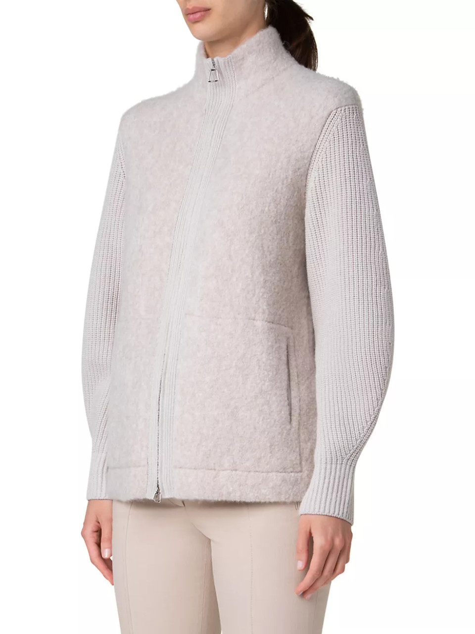 Akris Cashmere-Silk Bouclé Knit Zip Jacket in Greige