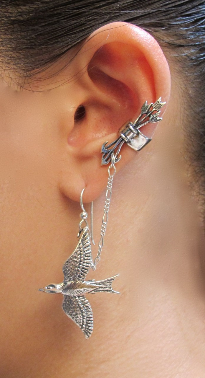 Silver Quiver and Arrows Ear Cuff and Mocking Jay - Bajoran Style
