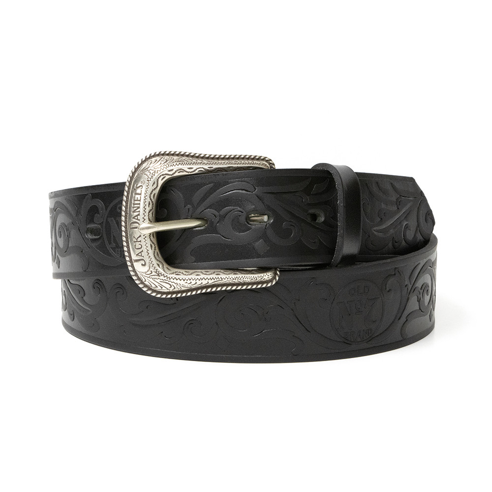 Black Leather Belt, Silver Plated Jack Daniel's Buckle - Western