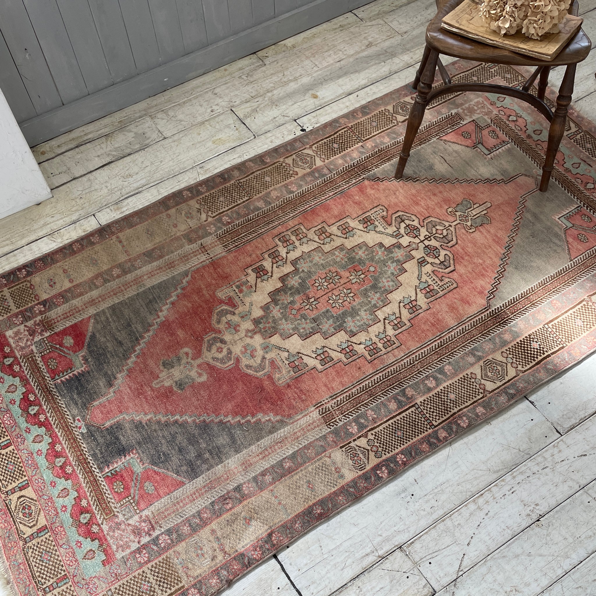 50×91 ラコッタオレンジ×トルコブルー トルコヴィンテージラグ ミニ