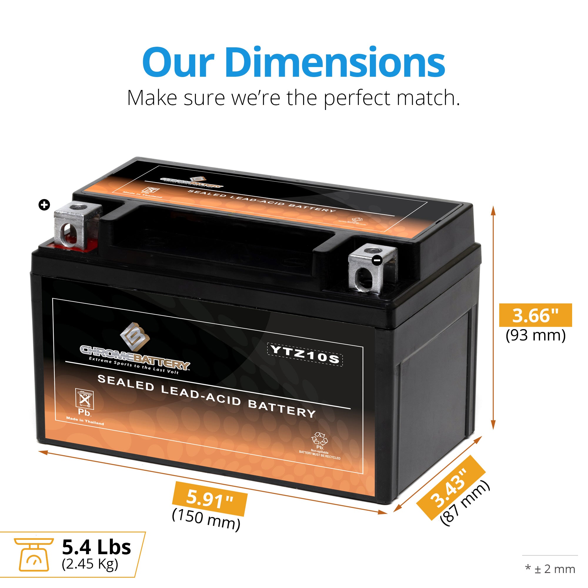 YTZ10S-BS AGM High Performance Power Sports Battery by Chrome Battery