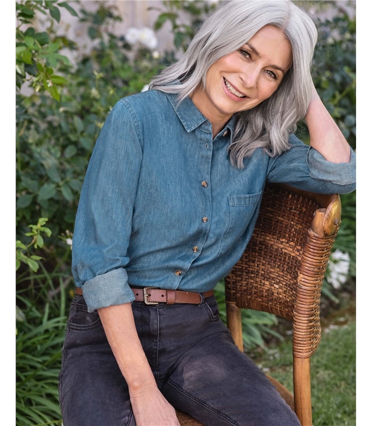 Mid Wash Blue | Classic Button Through Denim Shirt | WoolOvers US