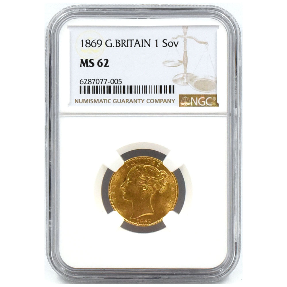 イギリス 1869 ヴィクトリア女王 1ソブリン 金貨 NGC MS62 6287077005