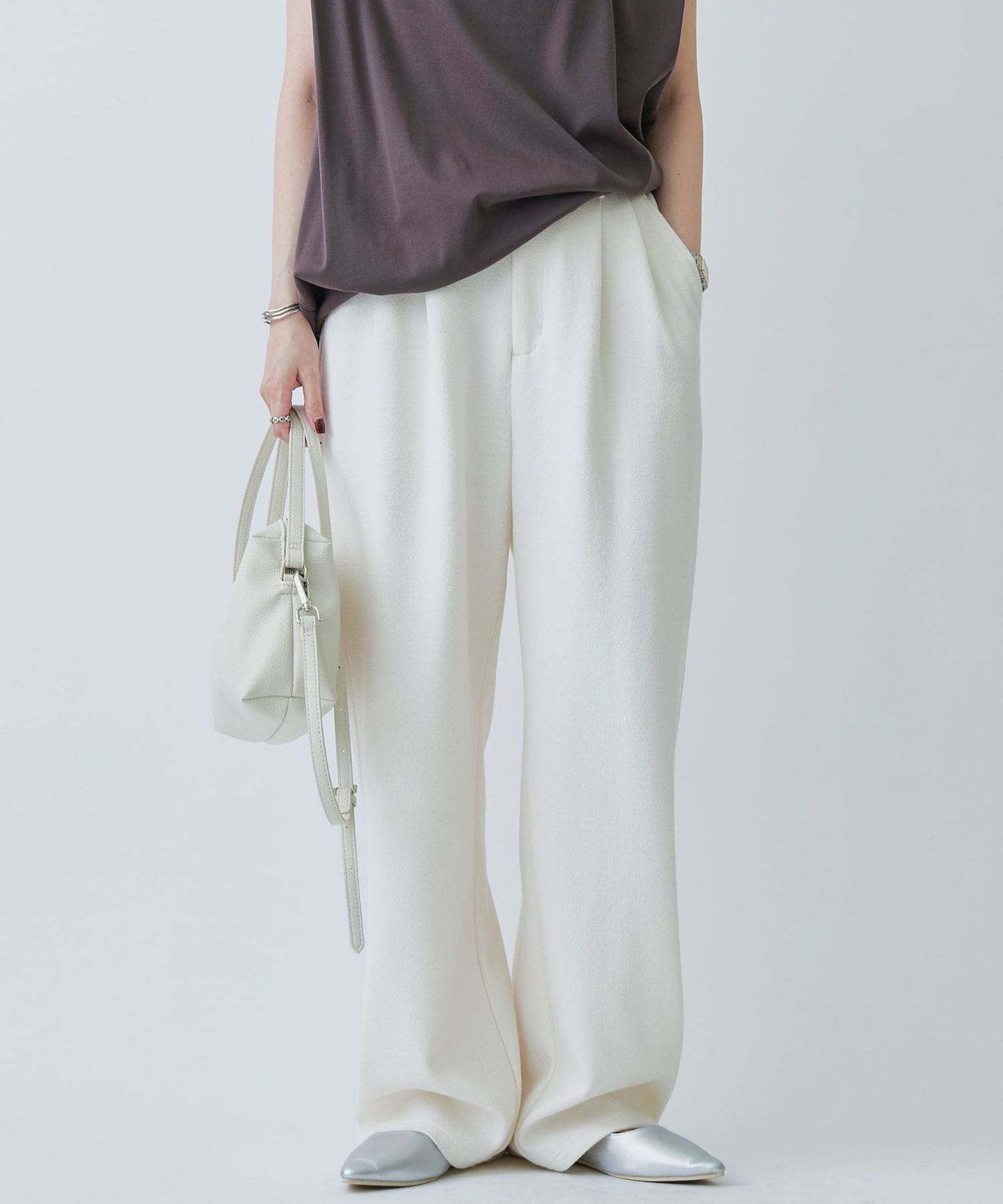 防しわ/マシンウォッシュ】ネップジョーゼットタックパンツ