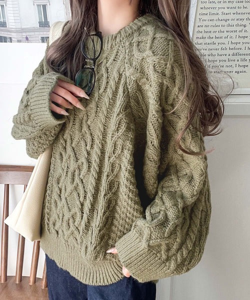 ざっくり感で一瞬でこなれ顔◎立体アラン柄ローゲージケーブルニット