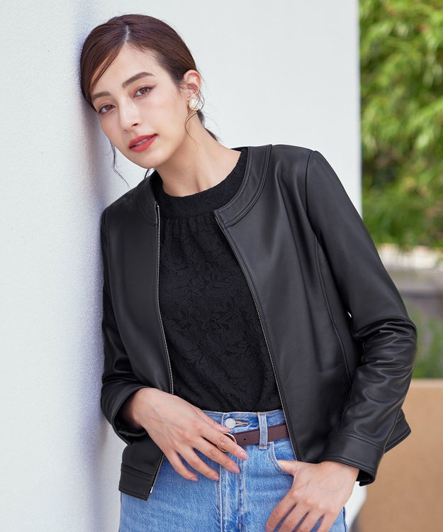 本革】ノーカラーシープレザージャケット / Tiaclasse L