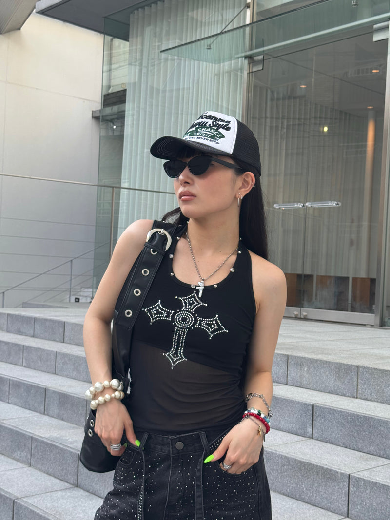 aliceauaa 黒 プリントデザイン ビジュー付 タンクトップ aliceauaa 黒