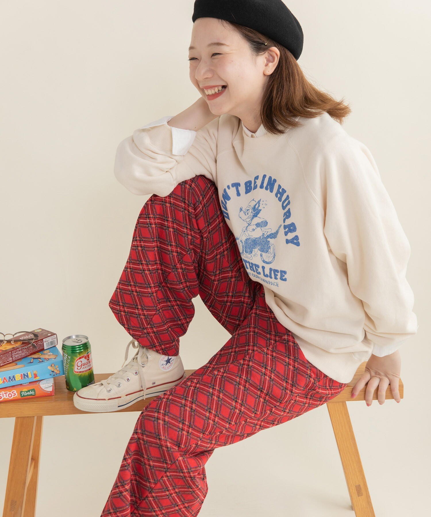 AMBIDEX Store チェック柄キルトジャカード イージーパンツ(F アカ