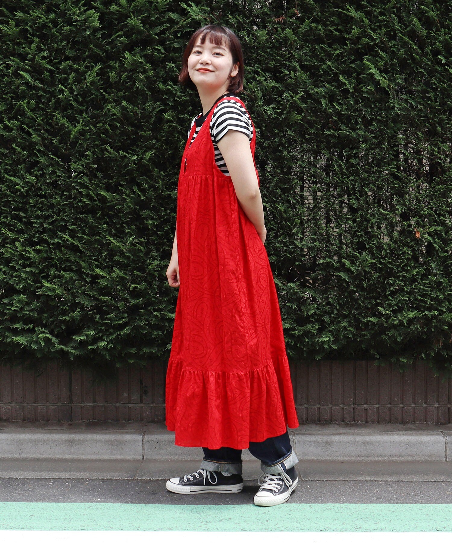 AMBIDEX Store ○○からみジャカード ノースリーブワンピース(F アカ