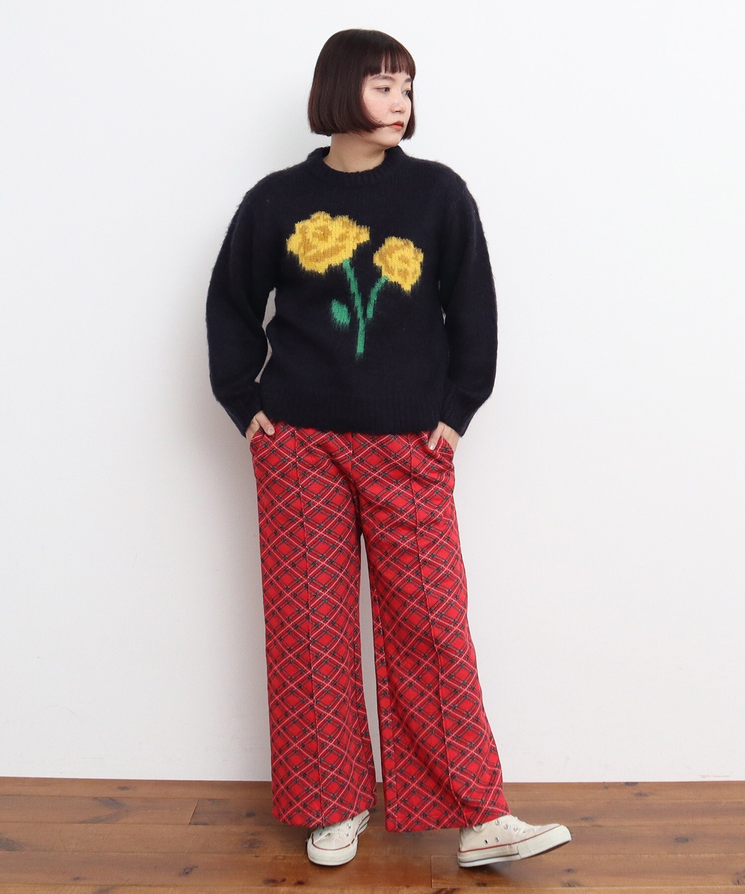 AMBIDEX Store チェック柄キルトジャカード イージーパンツ(F アカ