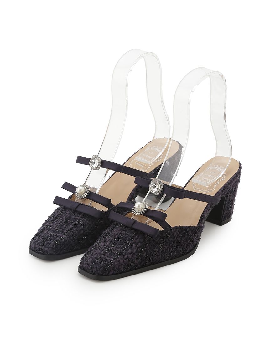 L.B CANDY STOCK]ビジューリボンストラップミュール(パンプス