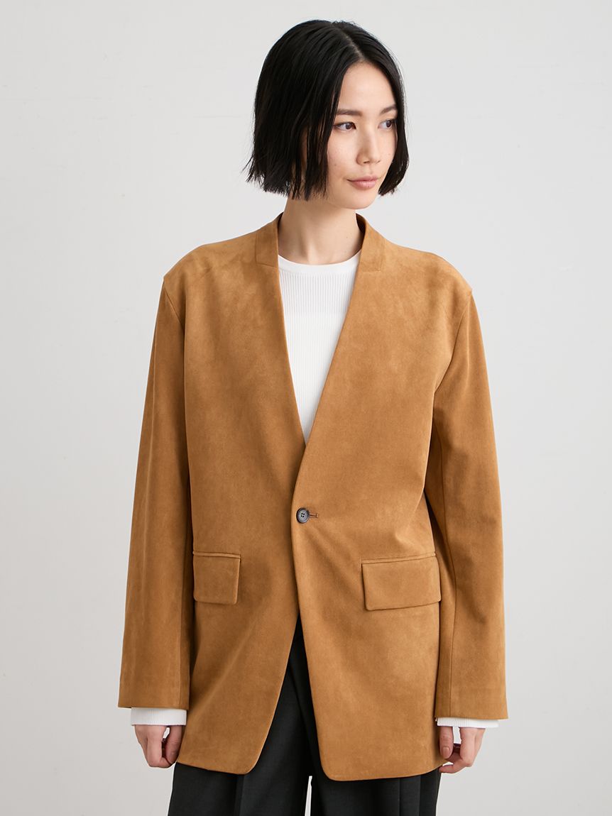 ウォッシャブルレザーノーカラージャケット(ノーカラージャケット