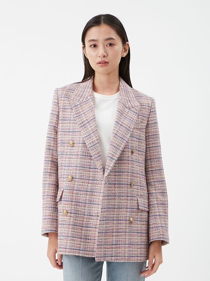 金釦ダブルブレストツイードロングブレザー(ジャケット)｜アウター