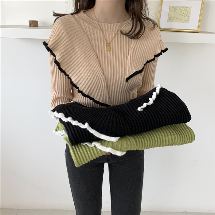 骨格ストレートダブルカラーフリルニットトップス ニット|骨格