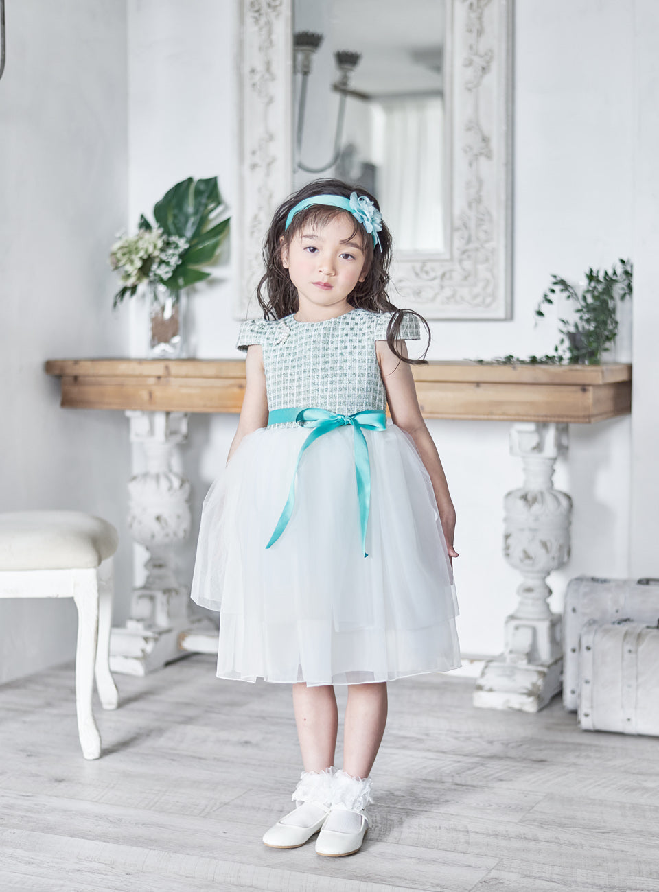子供ドレス|子供ドレスならミントグリーンツイードパフスリーブベル